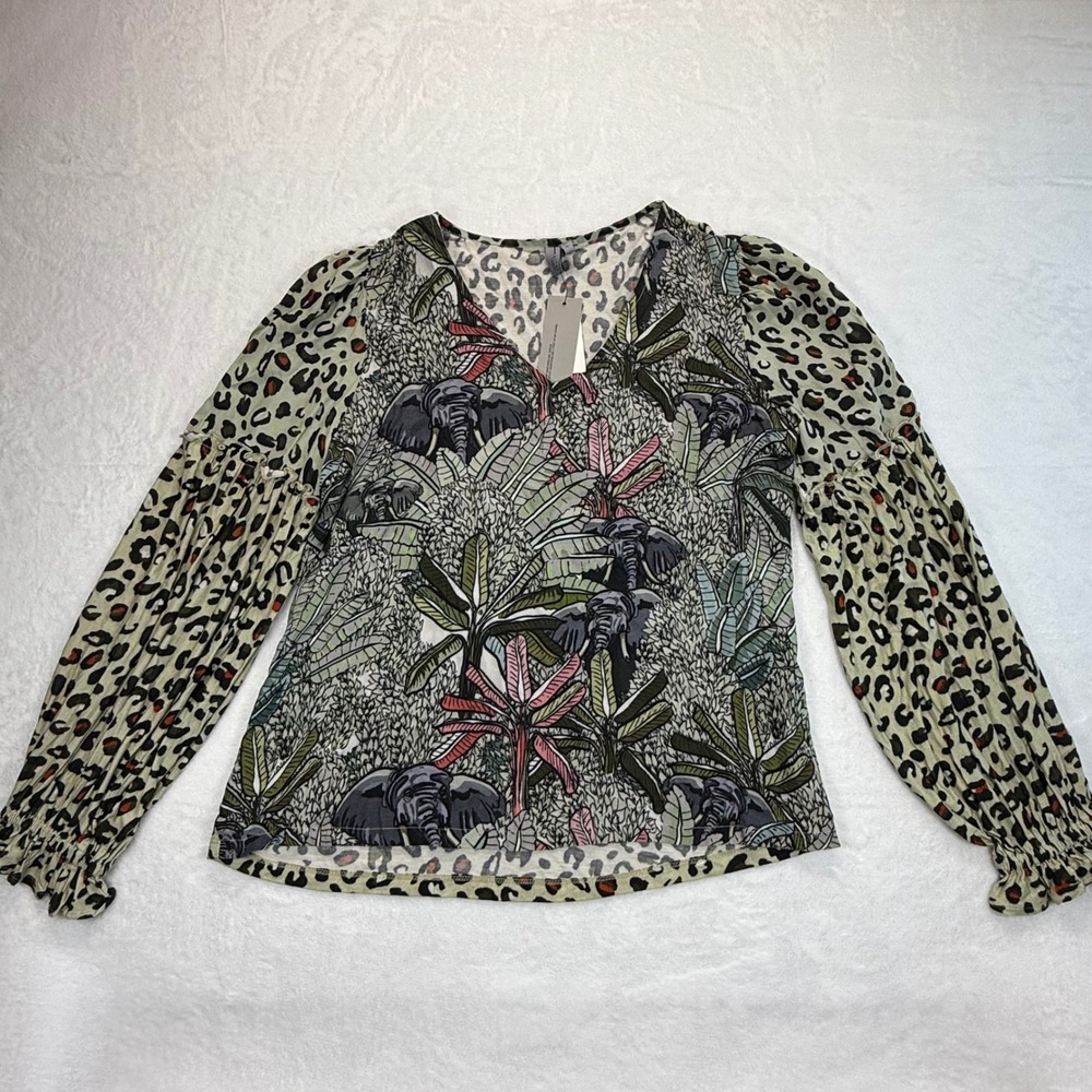 Blank London Animal Print Blouse Elephant Safari Balloon‎ Sleeve Top Large
